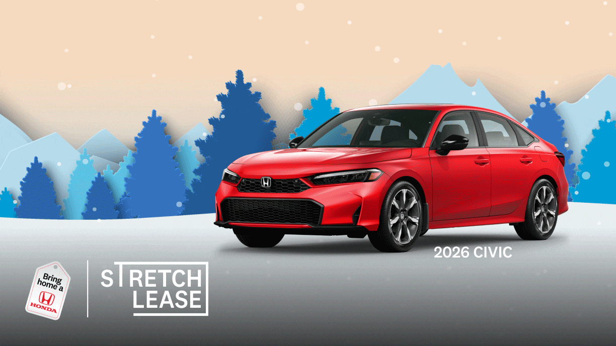 Three red 2026 Honda’s (Civic Sport Touring Hybrid, HR-V EX-L, CR-V Touring Hybrid) rotating into frame one by one with snowy mountains and trees in the background.