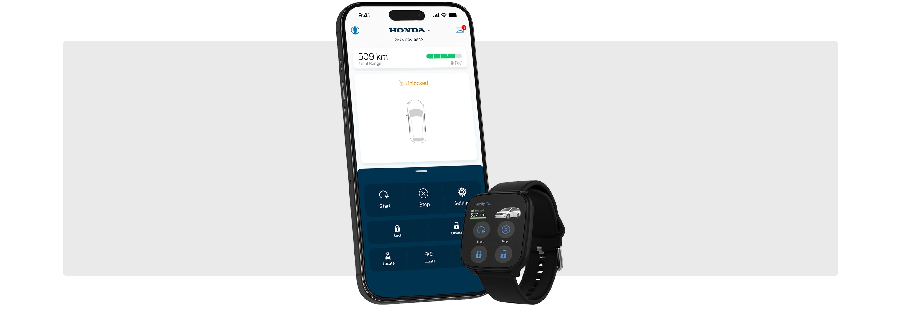 Smartphone and smartwatch depicting the HondaLink app.