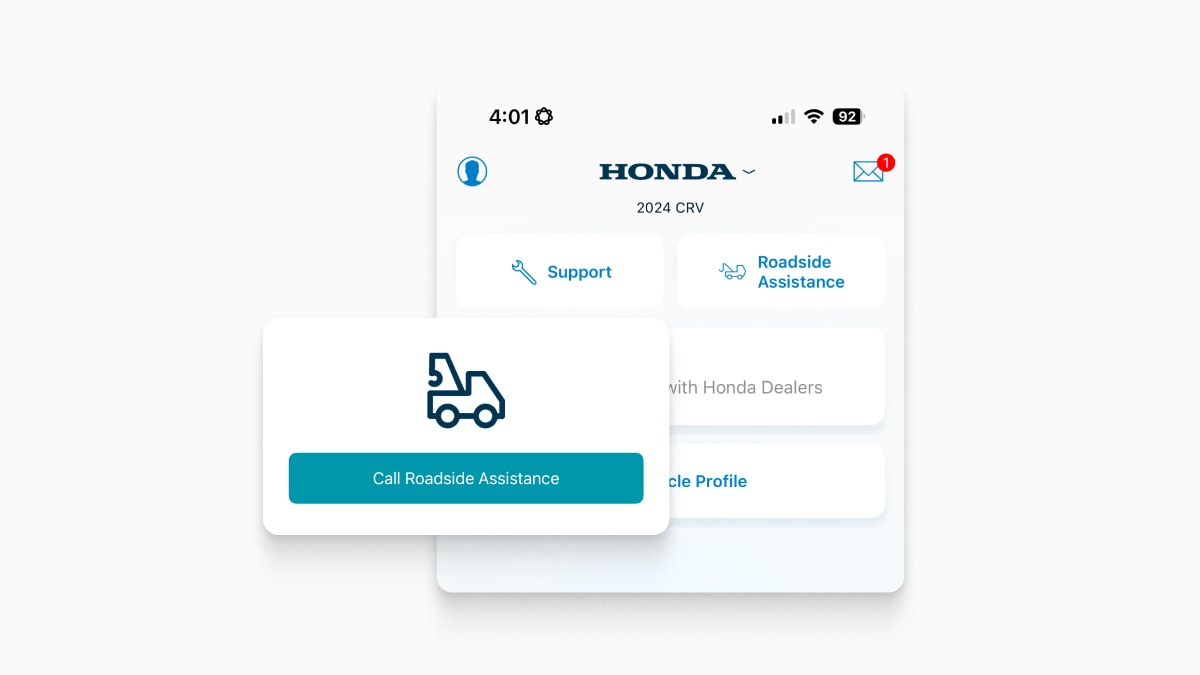 Screencapture of HondaLink app demonstrating roadside assistance.