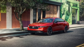3/4 front view of red Accord parked curbside next to a tree outside of a trendy brick building with art on the window.