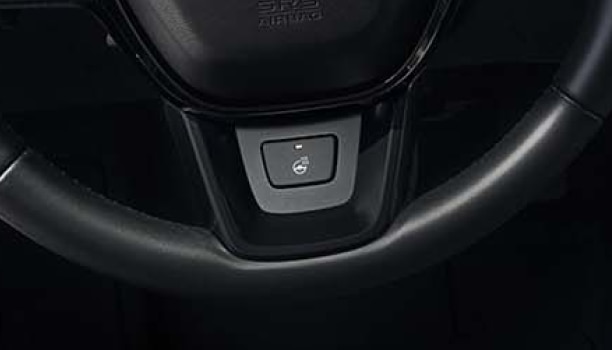 Closeup of heated steering wheel button on the steering wheel.