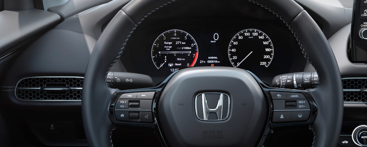 Closeup of steering wheel.