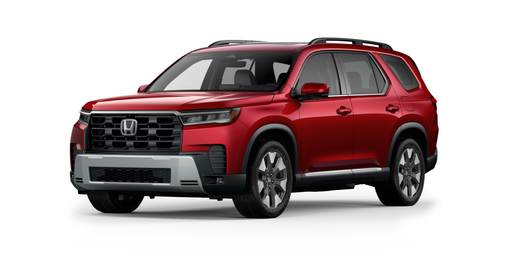 3/4 front view of a red Pilot on white space.