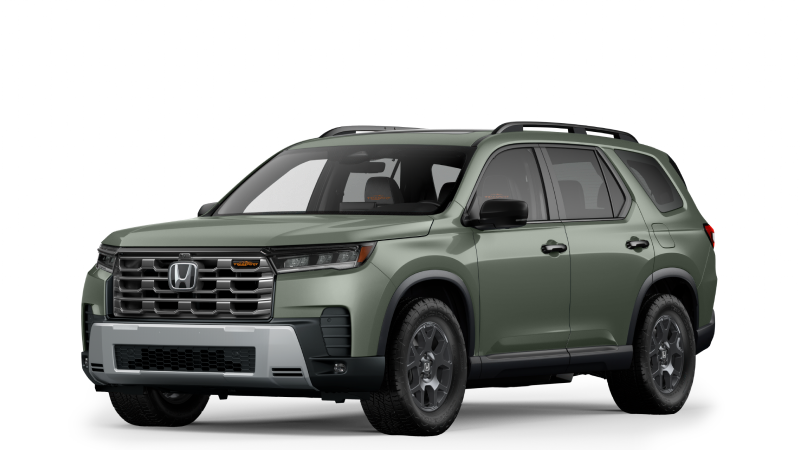 3/4 front side view of a green Pilot Trailsport on white space.