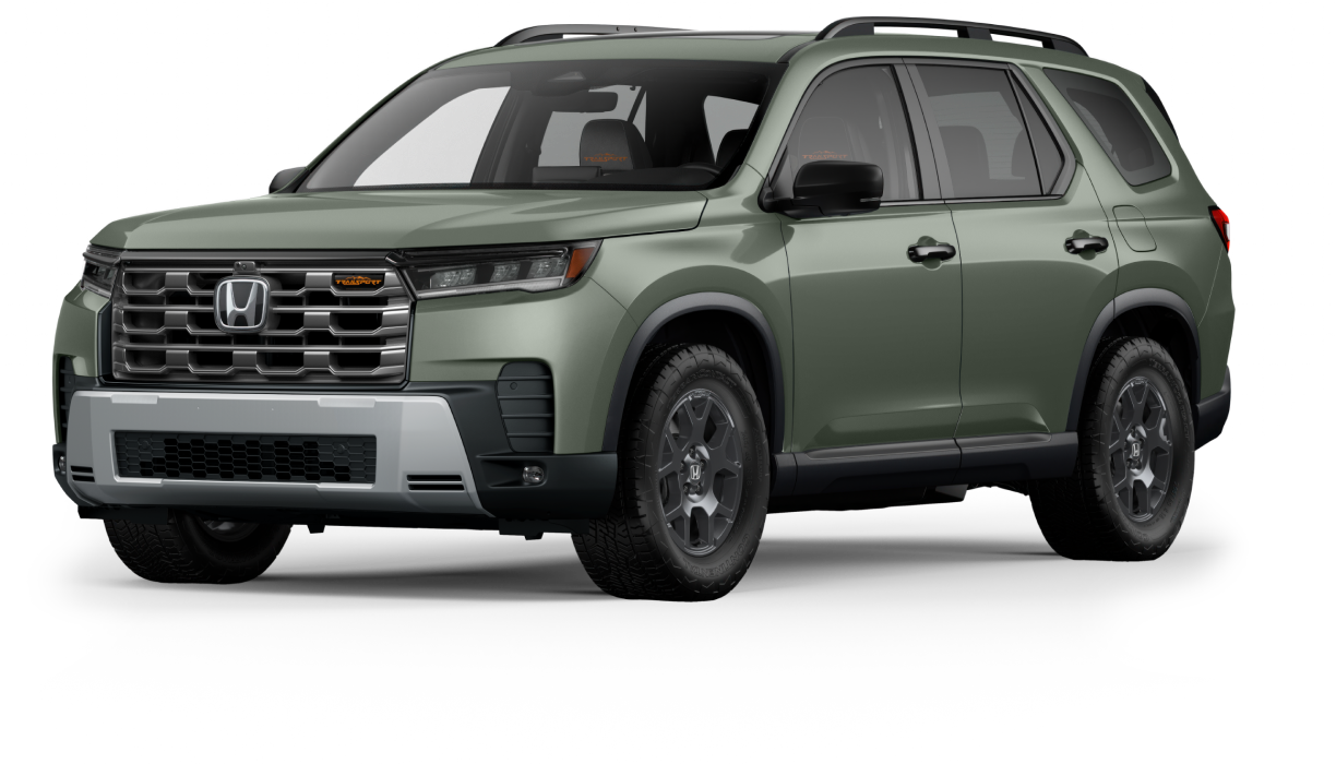 3/4 front side view of a green Pilot Trailsport on white space.