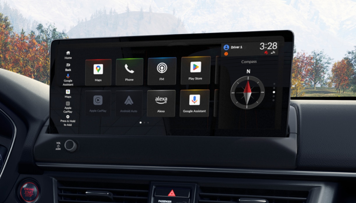 Closeup of the Pilot’s touchscreen displaying its homepage apps and a compass.