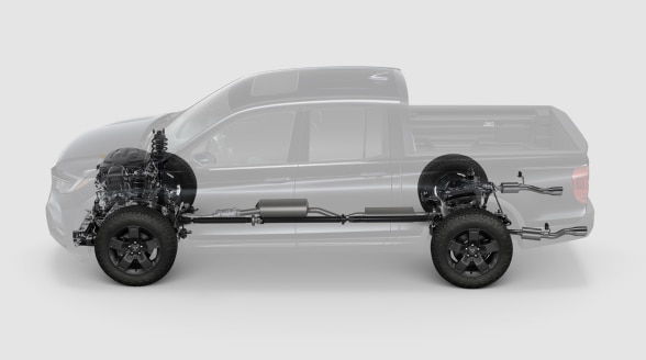Side view of a translucent Ridgeline on a white background highlighting the tires, braking system, engine and part of the chassis.