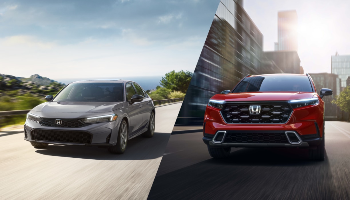 Split image showing a gray Honda Civic Hybrid sedan driving along a scenic road and a red Honda CR-V hybrid driving through an urban street.