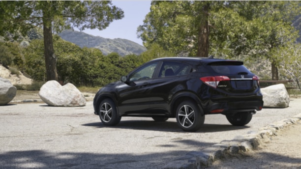Rear-view of a black Honda SUV parked in a forest setting.