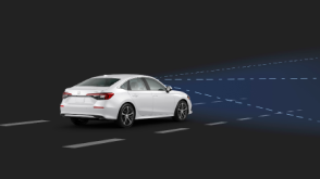 3/4 rear view of white Civic Sedan. Blue sensor waves and lines emit from the front. 