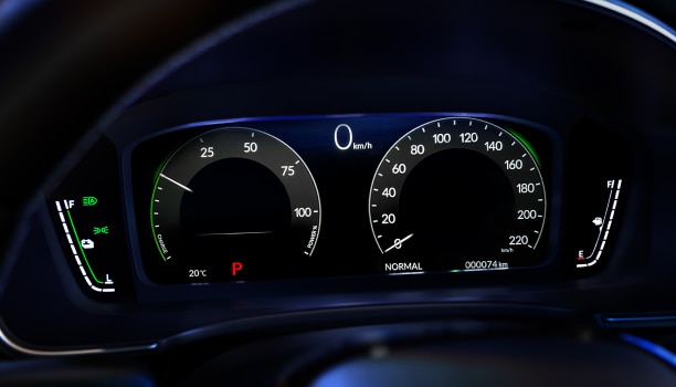 Close up of TFT screen, displaying tachometer, speedometer, odometer, fuel, etc.