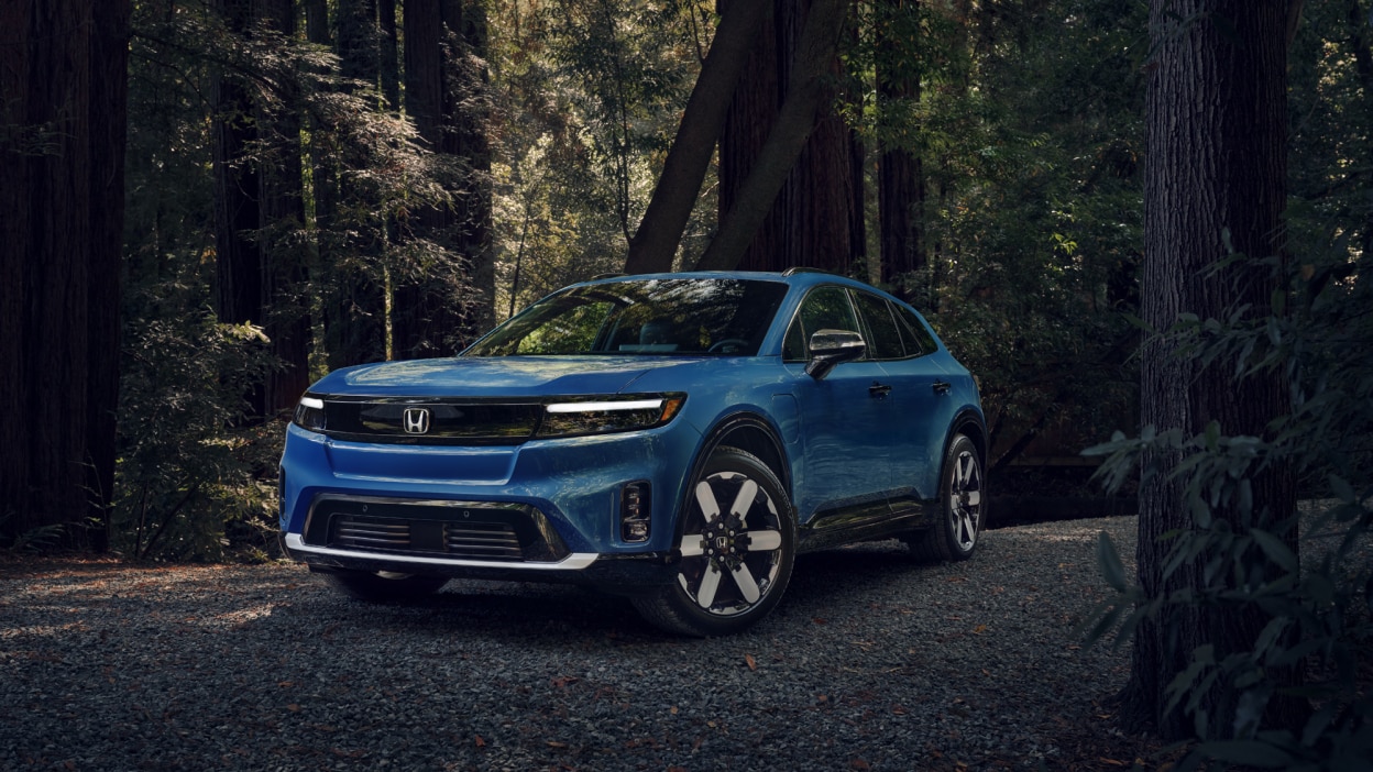 3/4 front view of a blue Prologue parked in a temperate forest. 
