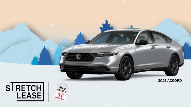 A silver 2025 Accord SE with snowy mountains and trees in the background.